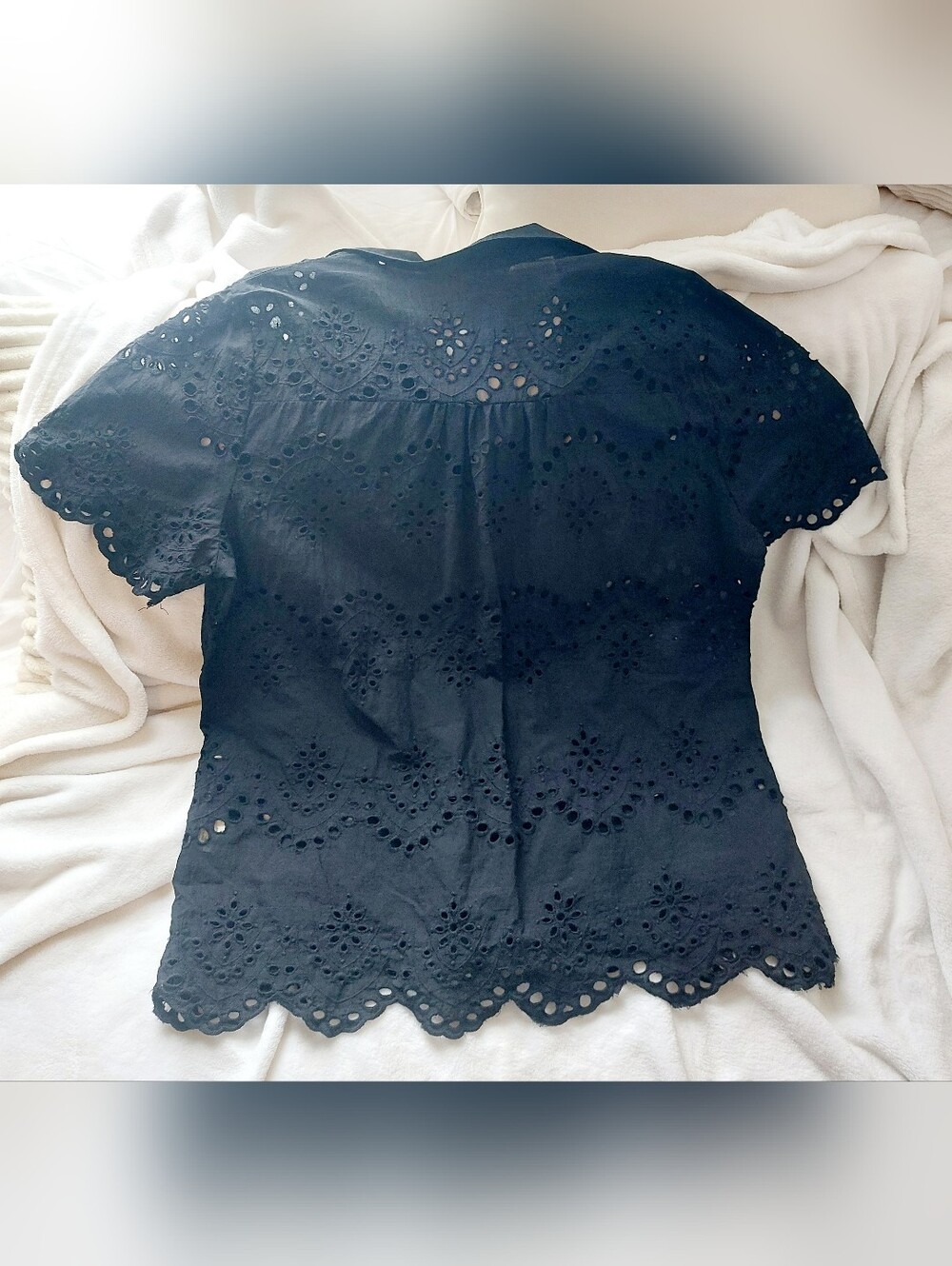 Adiva Black Eyelet Embroidered Short Sleeve Button Down Top L - Picture 3 of 4